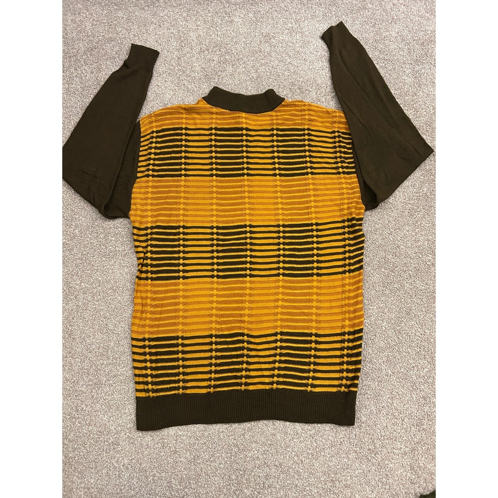 90s Y2K New Gen Sweater Mens Large Brown Yellow Striped Mock Neck Textured Knit